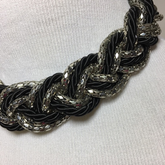 Silver Tone Black Rope Braided Choker Necklace - Picture 3 of 7